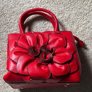 Red Floral Applique Top-Handle Women's Bag